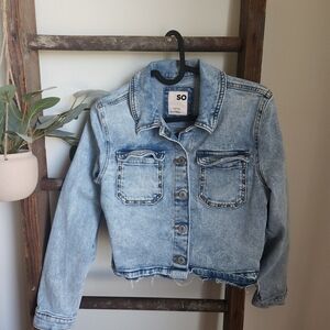 SO Light Blue Cropped Denim Jacket with Studded Patch Pockets